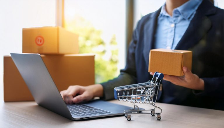 Firefly Amazon delivery, packages at business door, online shopping on laptop